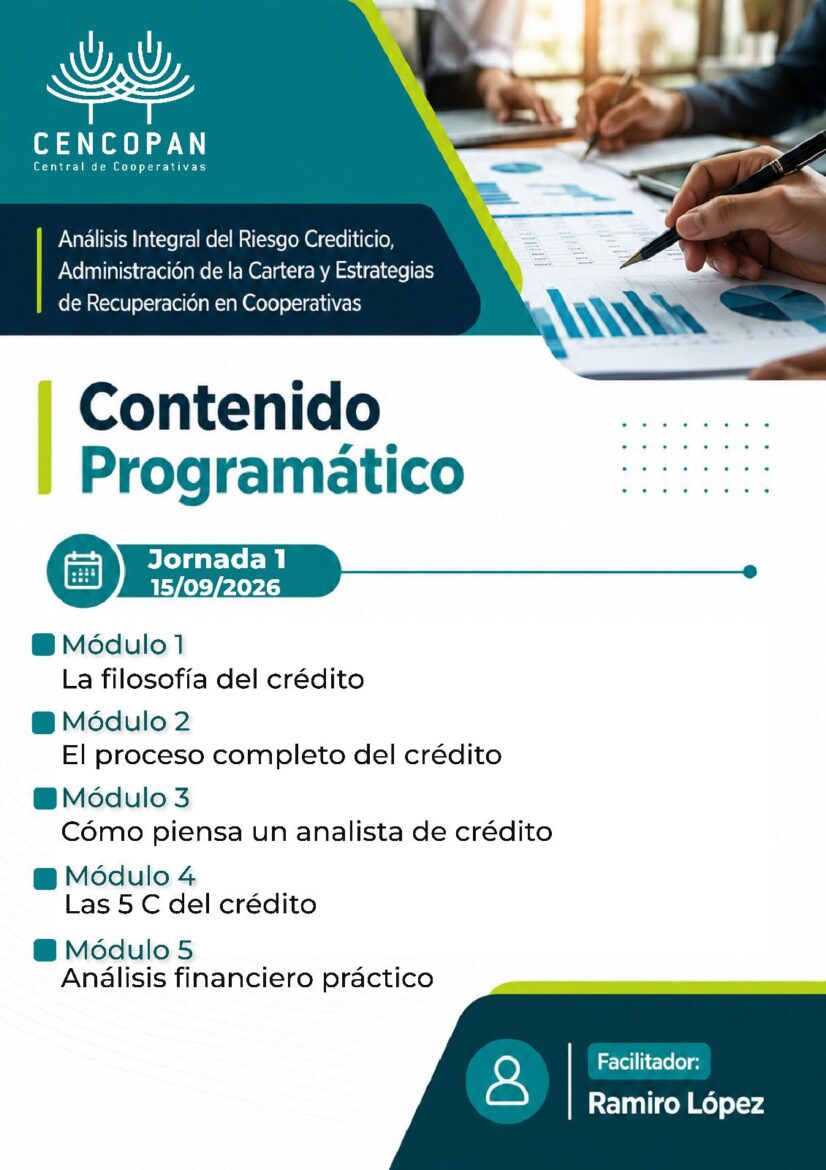 Cencopan Ltda. anuncia capacitación sobre riesgo crediticio y administración de cartera en cooperativas