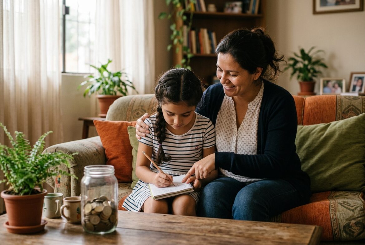 Madre y su hija anotando juntas en un cuaderno sus ahorros, con un frasco de monedas sobre la mesa.