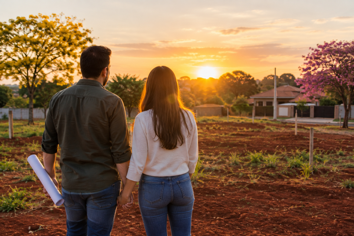 Pareja mirando al atardecer el terreno donde planea construir su casa propia, con un plano en la mano.