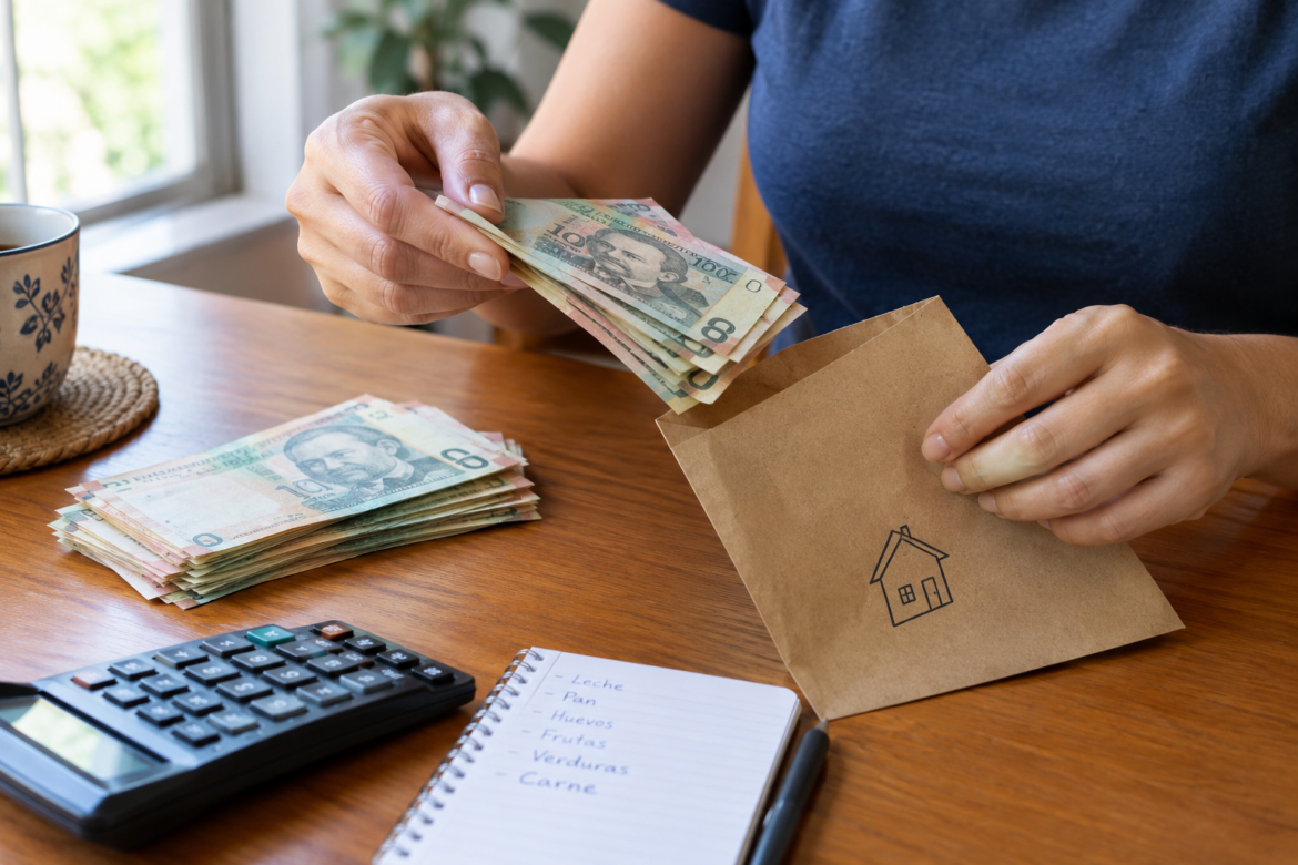 Mujer separando billetes de guaraníes en un sobre de ahorro, junto a una calculadora y un cuaderno.